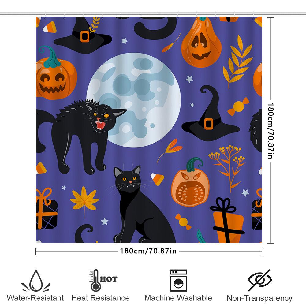 Halloween-Themed Shower Curtains With A Black Cat Pattern For Bathroom Decor Purple Print Design