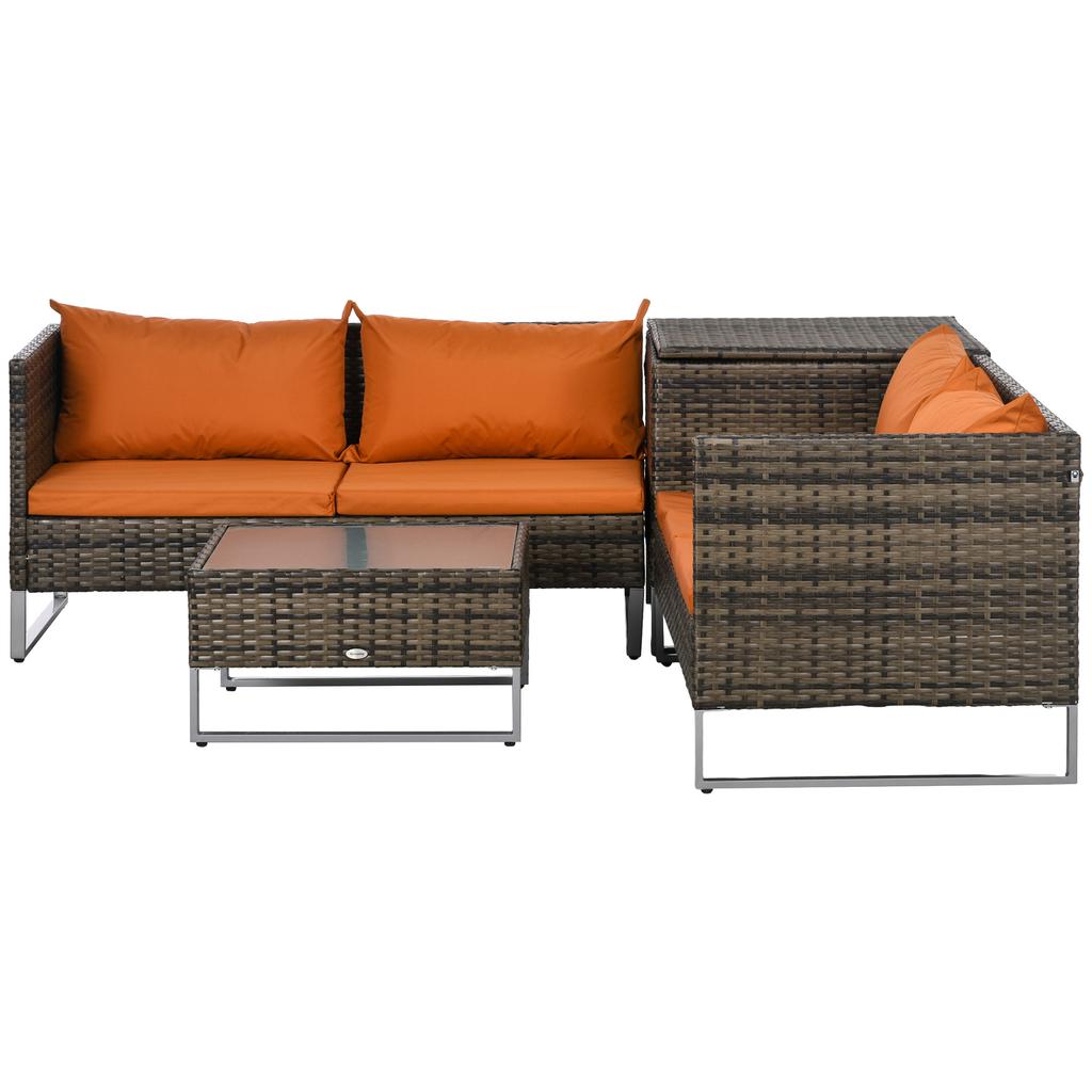 4 Piece Rattan Garden Furniture Set, Outdoor Corner Sofa Set with Storage Table, Loveseats, Cushions - Orange