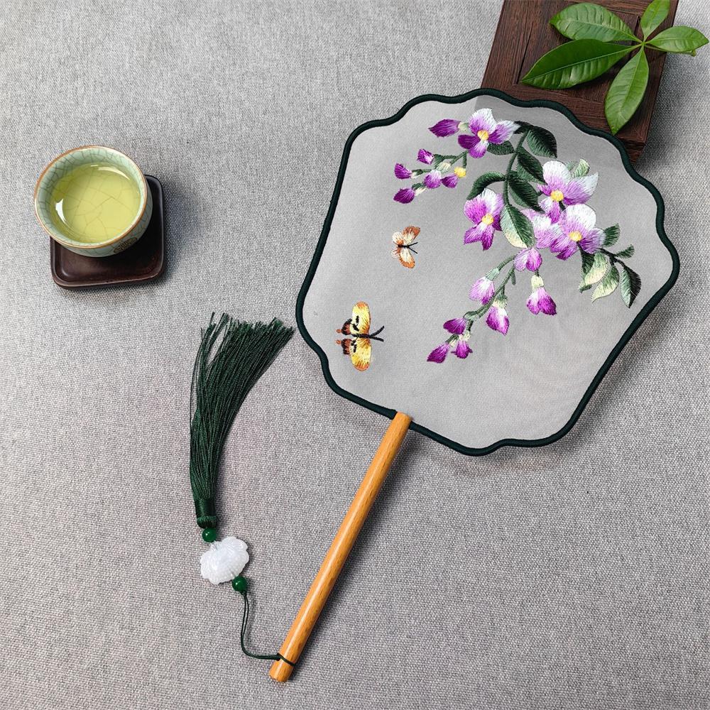 Flower Embroidered Silk Round Fan Chinese Hand Fans with Wooden Handle Tassel Wedding Party Dance Accessories Home Decor