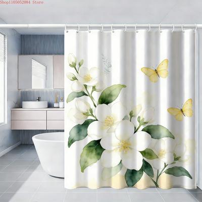 White Jasmine Watercolor Floral with Yellow Butterflies Waterproof Shower Curtain
