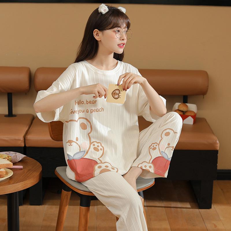 Women's Summer Pajama Set: Plus Size Loose Fit, Short Sleeve Top & Long Pants with Cartoon Design, Lightweight Home Wear