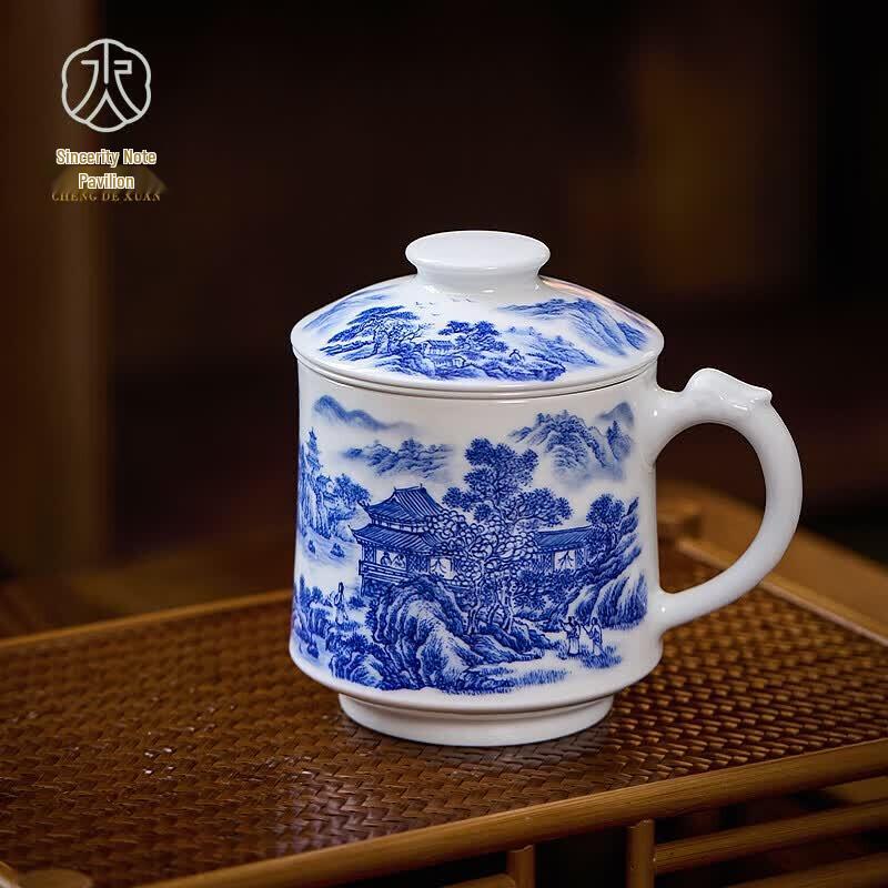 Jingdezhen Blue and White Ceramic Tea Cup with Lid & Infuser