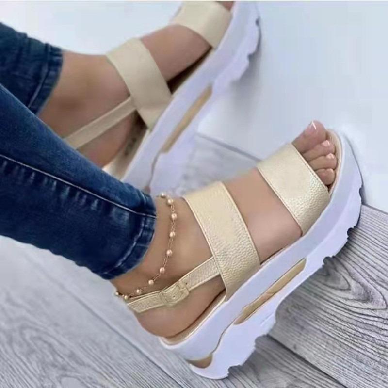 Fashion New Summer Plus-size Women's Shoes with Wide Uppers, One-shoulder Straps, Thick Soles, Wedge Heels and Fish-mouth Sandals