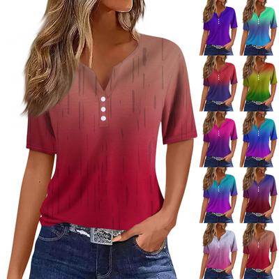 Damen-T-Shirt, T-Shirt, bedruckt, Knopfleiste, kurzärmelig, für den Alltag, Wochenende, modisch, Basic, V-Ausschnitt, normales Oberteil