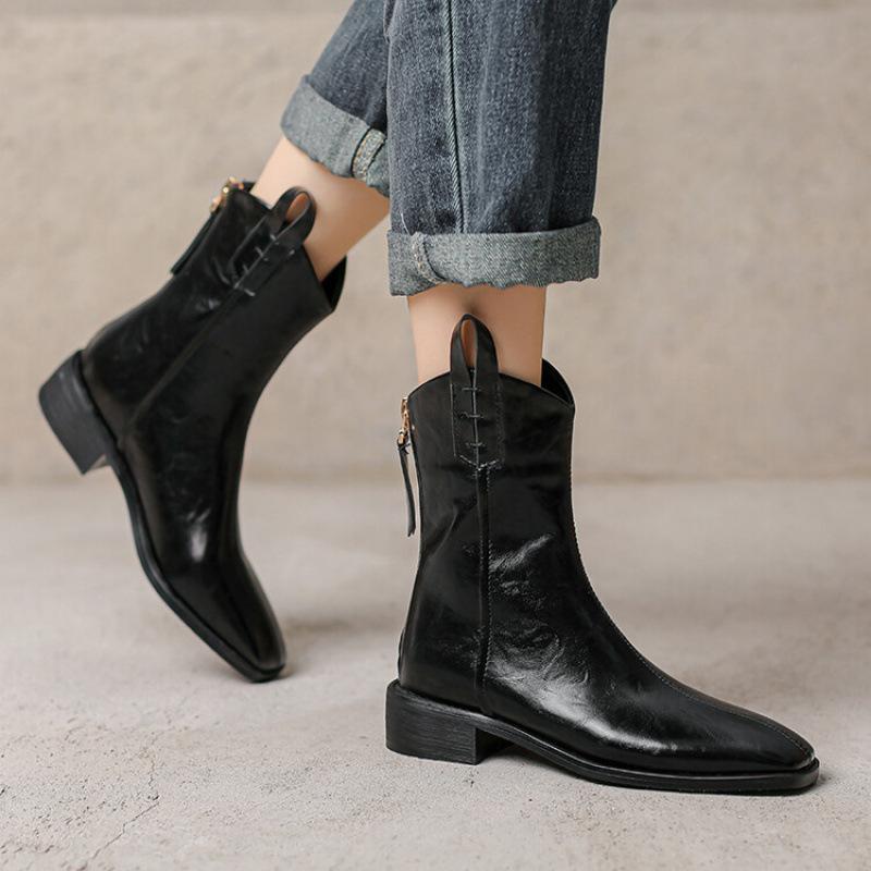 Korean Version of the New Low-heeled Martin Boots Women's Rubber Sole Large-size Women's Boots Autumn and Winter Square Heel Comfortable Rear Zippe