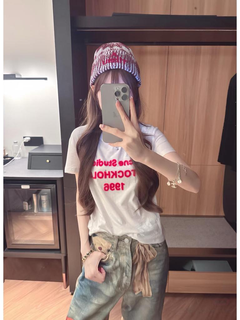 Women's Spring/Summer White Long Sleeve Letter Print Loose T-shirt