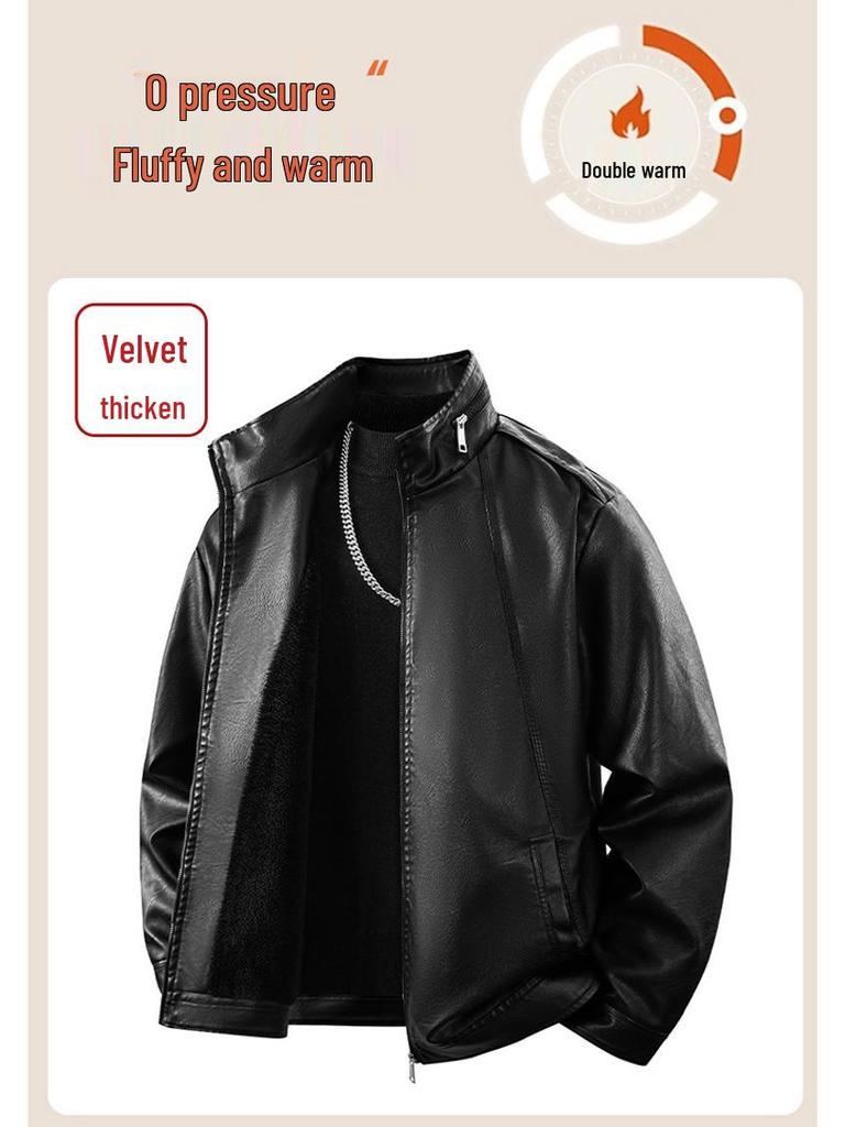 Men's Fleece-Lined Leather Winter Jacket, Thickened, Trendy Stand Collar - Ideal for Business, Casual, or Motorcycle Wear
