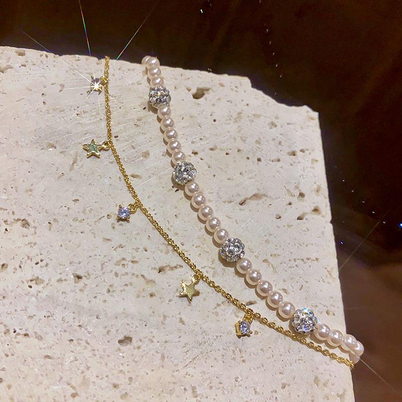 Elegant French Pearl & Zircon Star Double Layer Bracelet - Versatile Jewelry for Women