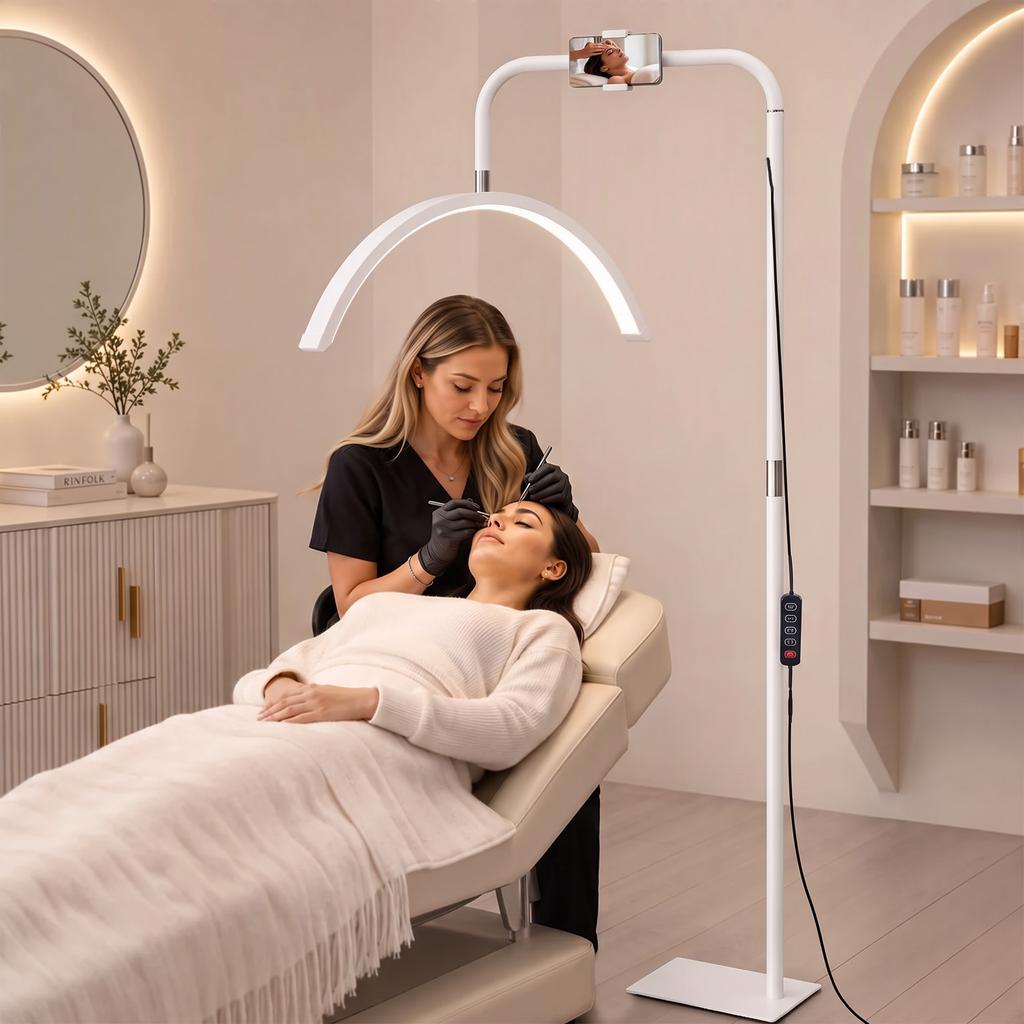 Half Moon Lash Light, 350 degrees Rotatable Head, 7 Colours, Dimmable Beauty Floor Lamp, White