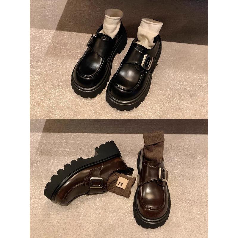 Cowhide Version~ College Style Muffin Thick-soled Lazy One-pedal Small Leather Shoes Women's 2025 New Metal Buckle Loafers