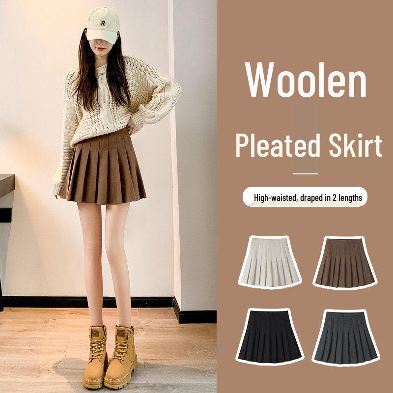 Maillard Kaffee Wolle Falten A-Linien Rock - 2026 Herbst/Winter High-Waist Khaki Kurzer Rock