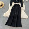 Autumn Winter Women Knitted Sweater Two Piece Set Full Sleeve V-neck Cardigans Coat and Long Midi A-line Skirt Outfits