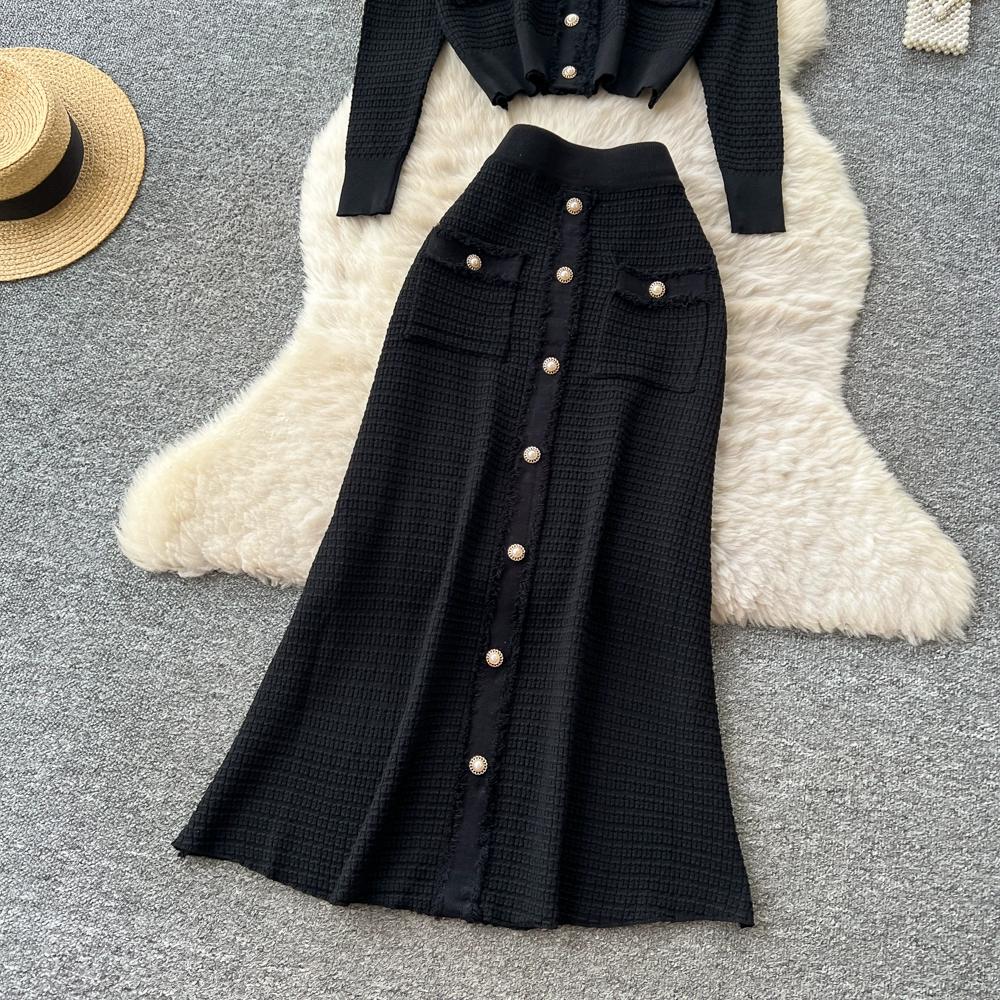 Autumn Winter Women Knitted Sweater Two Piece Set Full Sleeve V-neck Cardigans Coat and Long Midi A-line Skirt Outfits