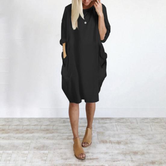 Spring Summer Dress Oversized Knee Length Long Sleeves Pure Color Round Neck Baggy Midi Dress for Daily Wear Dating Travel