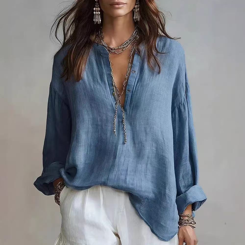 Women S Minimalist Style Cotton Linen Long Sleeve V Neck Shirt