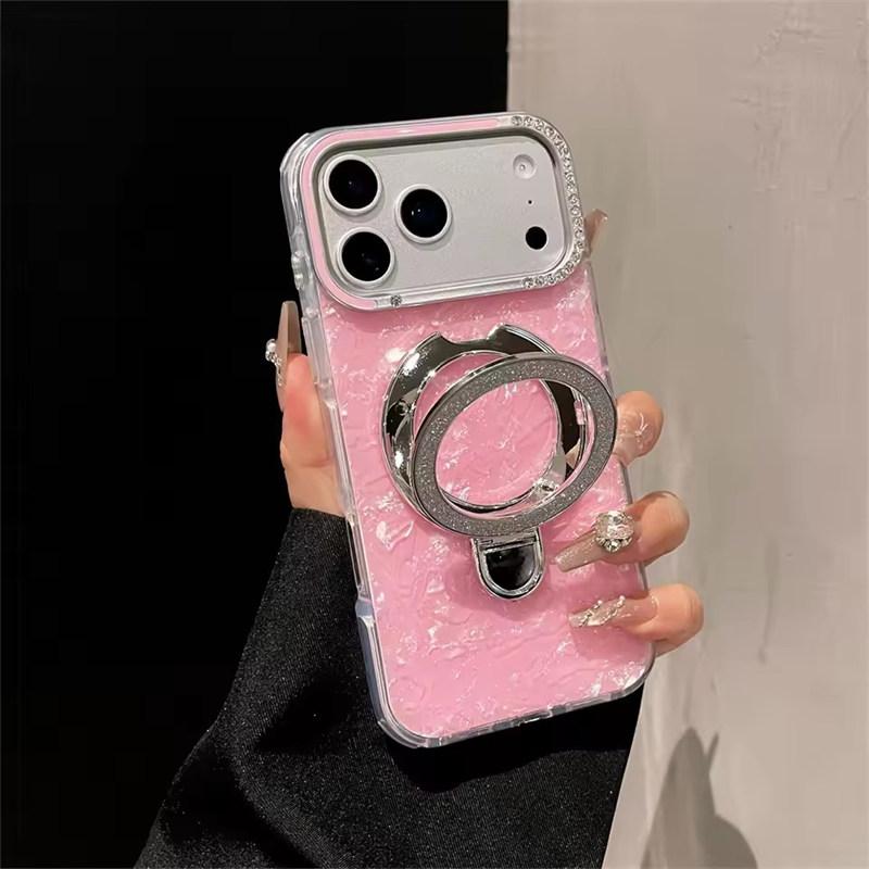 Luxury Glitter Magnetic Shockproof Case for iPhone 17 16 15 14 13 Pro Max Plus Bracket Stand Diamond Camera Frame Glossy Cover