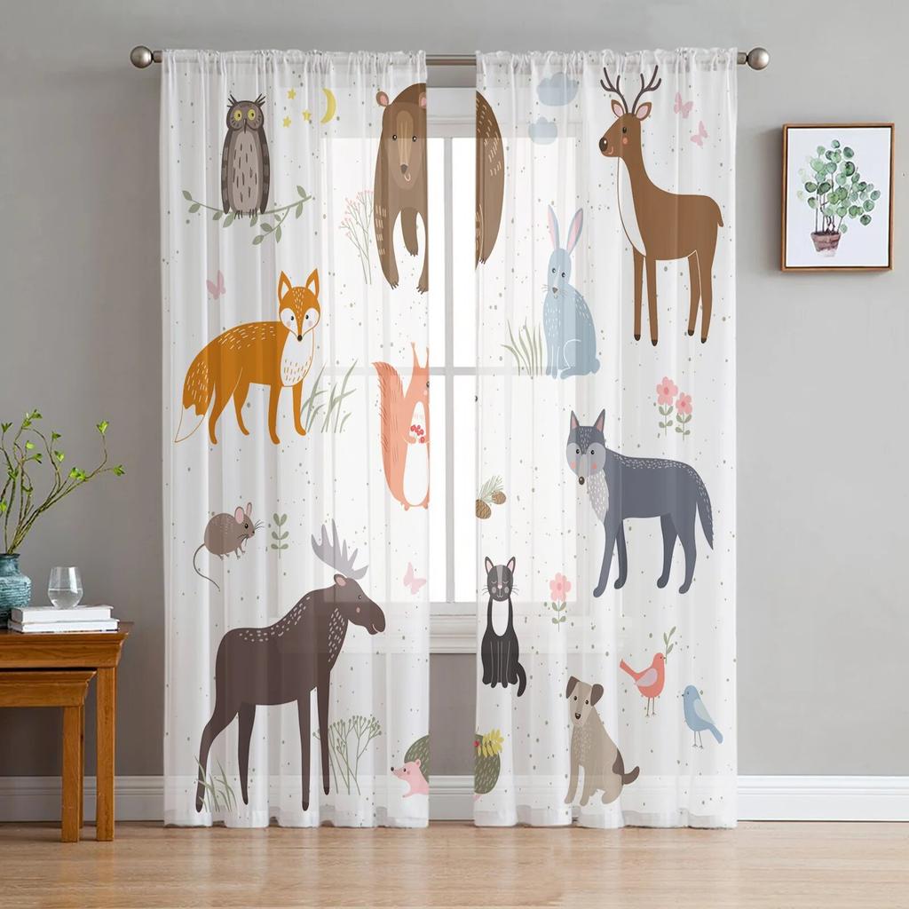 Transparente Vorhänge mit Aquarell-Wildtieren für Wohnzimmer, moderne modische Volantvorhänge für die Küche, Tüllvorhänge