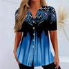 Blue Ocean Print V Neck Button Short Sleeve Casual T Shirt