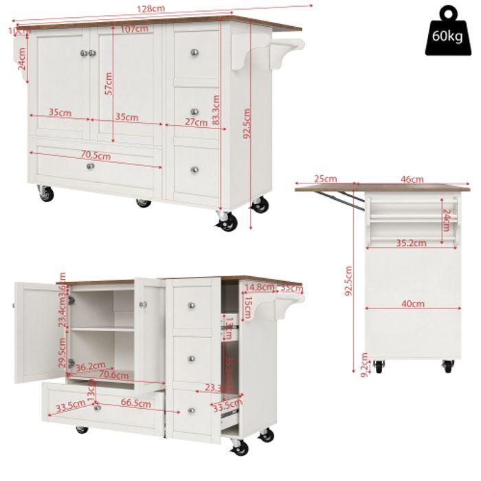 Cărucior de bucătărie - MUVOE - Mobil cu blat de lucru - 3 sertare - 2 uși - Alb