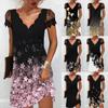 Ladies Casual Positioning Print V-Neck Lace Panel Short Sleeve Dress