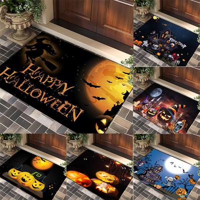 Halloween Themen Fußmatte mit Gruseligem Kürbis Hexe Geist Muster Rutschfest Saugfähig Außen Innen Willkommensmatte für Heimdeko