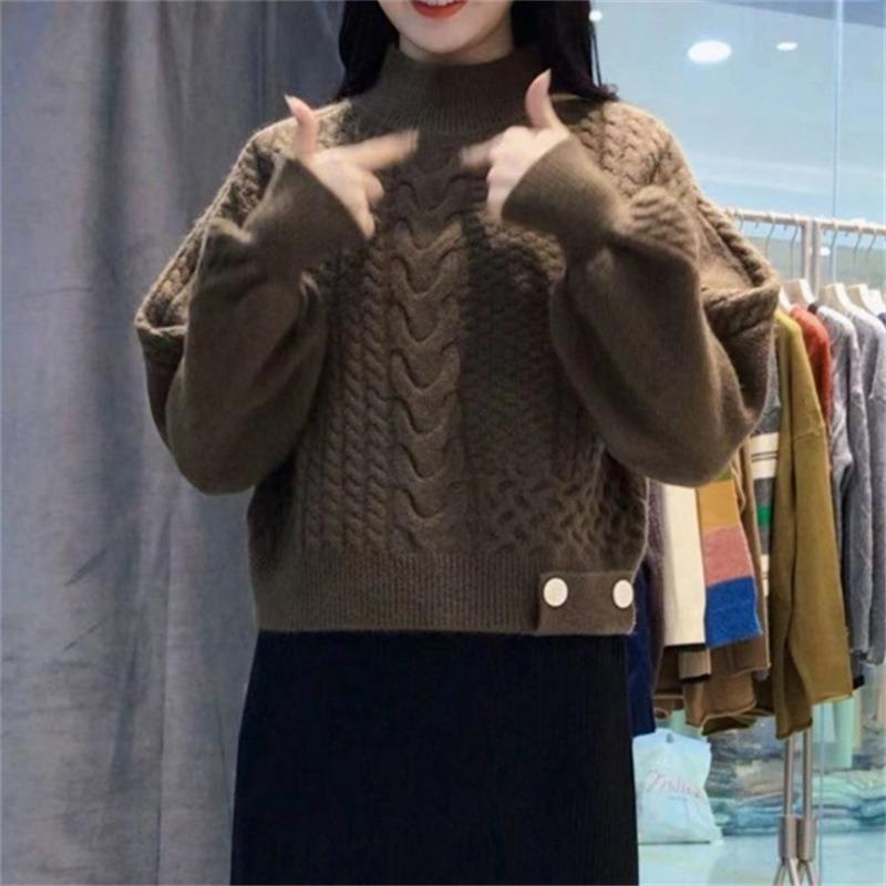 

Модный темпераментный свитер с полувысоким воротником и рукавами-фонариками в ленивом стиле, женский осенне-зимний, с нежным темпераментом, омолаживающий и стройнящий вязаный топ One size кофейный