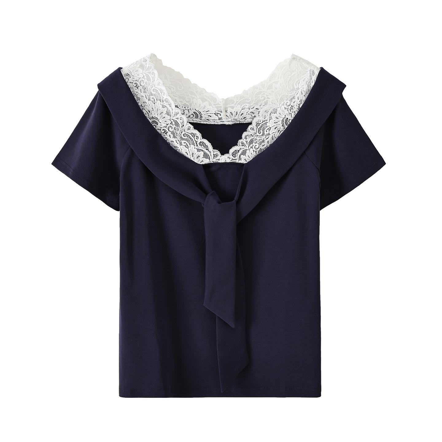 Plus Size Elegant Lace Sailor Collar Dress & Versatile Short T-shirt Set (Summer 2026) 3XL