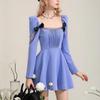 Chic Blue Retro French Square Neck Puff Sleeve Dress with Bow, 2024 Spring/Autumn.