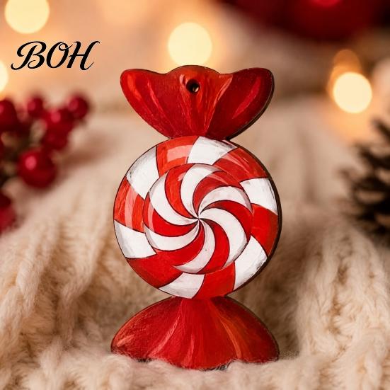 Wooden Christmas Tree Pendant Set Candy Ornaments, Red White Peppermint Cane Lollipop Pendants, Seasonal Decorative Hanging Props Decoration for Xmas