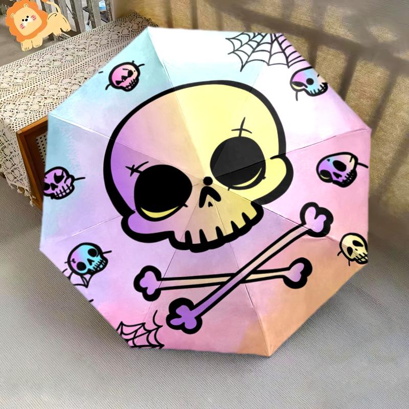 1 PC Automatic Folding Umbrella - Colorful Skulls Pattern, Portable & Foldable Design with 8 Ribs, Christmas Birthday Gifts