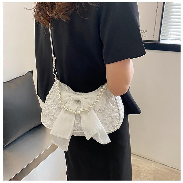 2024 New Fashion Small Shoulder Bag Women Stylish Crossbody Bag With Cute Pleats And Lovely Bow Pearl Handbag In White