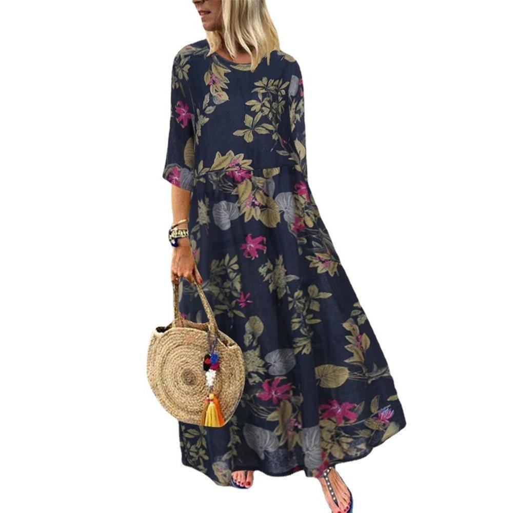 Damenmode Sommer Frühling Bohemian Falten 1/2 Ärmel V-Ausschnitt Hohe Taille Freizeitkleider
