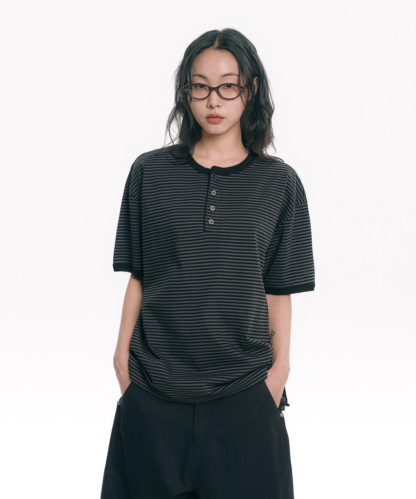 MOO Striped Henley Neck Short Sleeve Tee - Black
