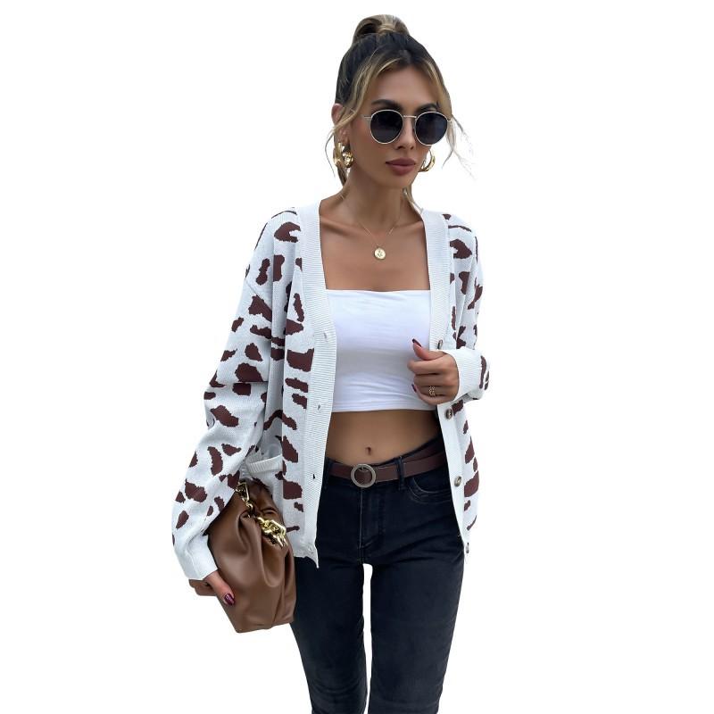 Casual Trend Versatile Women's Fall Wind Leopard Print V-neck Knit Sweater Jacket Women