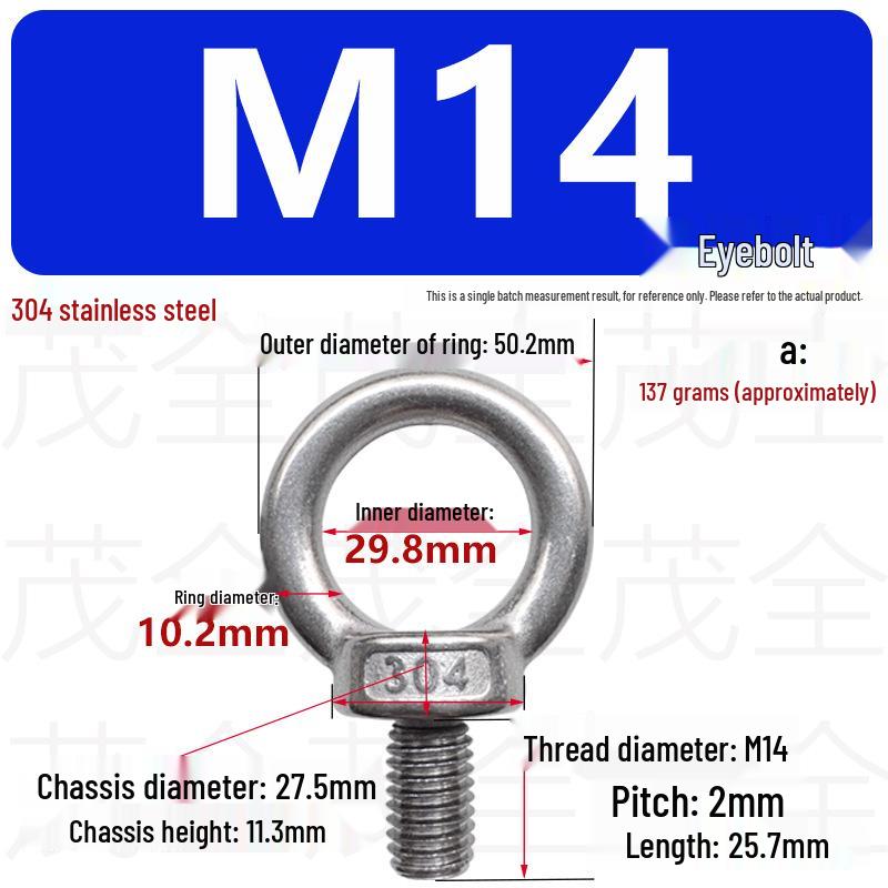 304 Stainless Steel Lifting Eye Bolt, Extended M3-M36 Round Screw