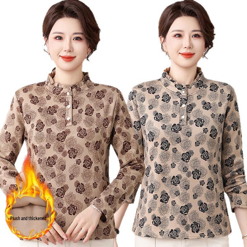 Stylish Patterned Autumn/Winter Shirts for Middle-Aged & Elderly Women - Loose Fit, Belly-Covering, Plus Size Base Layer.