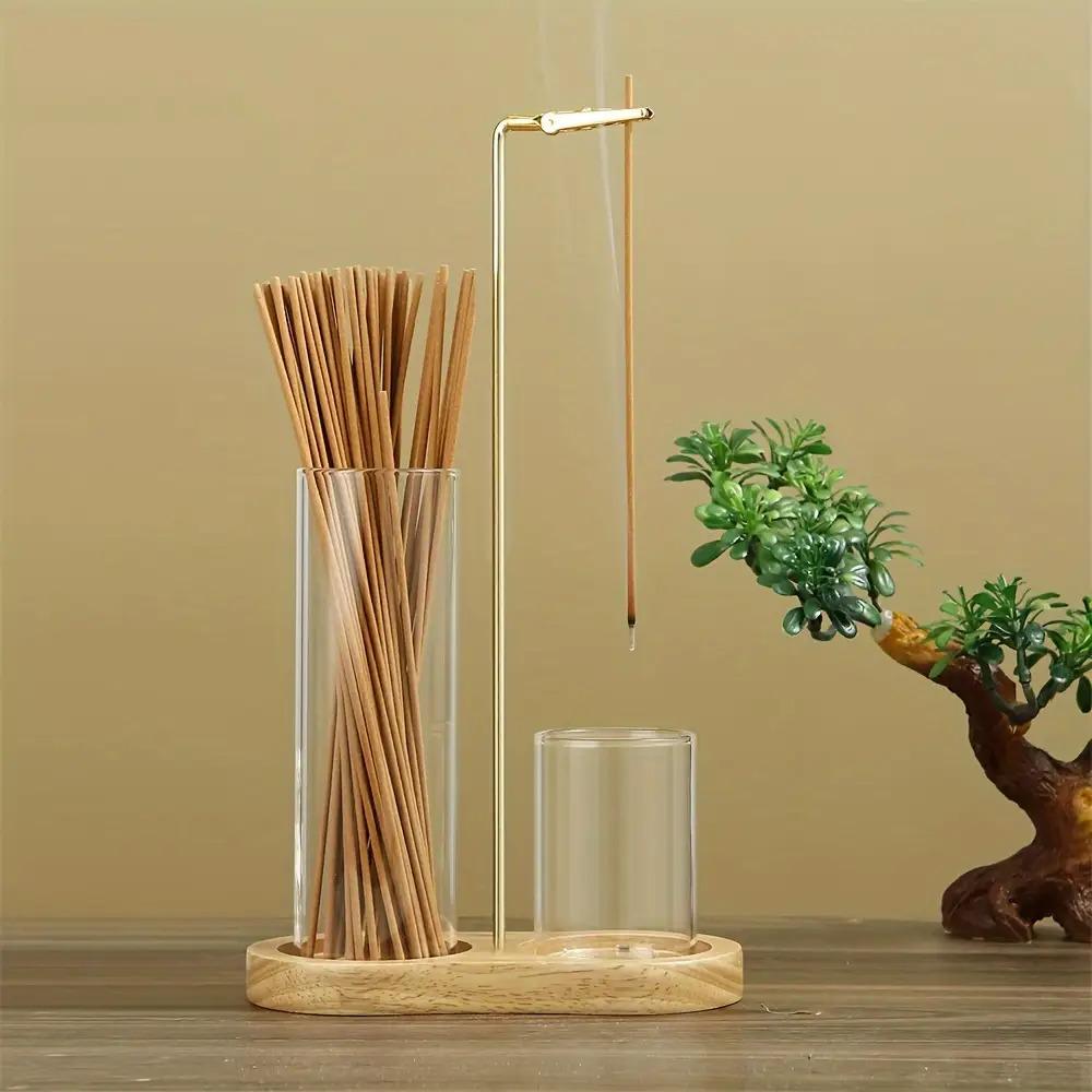 Incense Stick Burner With Stand Glass Holder Wooden Tray For Home Decor Yoga Meditation Aromatherapy Gift Catcher Base