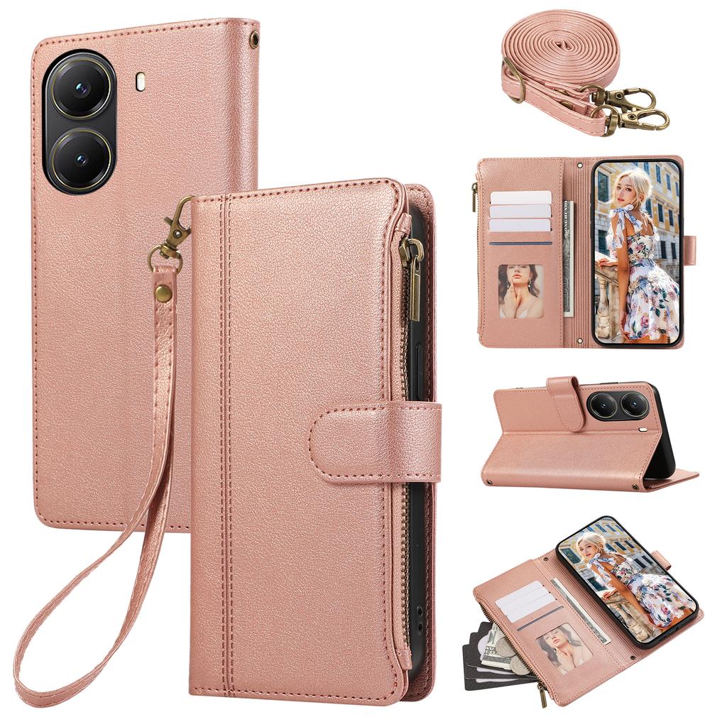 Για Xiaomi Poco X7 Pro 5G/Redmi Turbo 4 5G Θήκη Πολλαπλών Υποδοχών Καρτών Δερμάτινη Θήκη Τηλεφώνου με Φερμουάρ με Λουράκι Ώμου/Λουράκι Καρπού