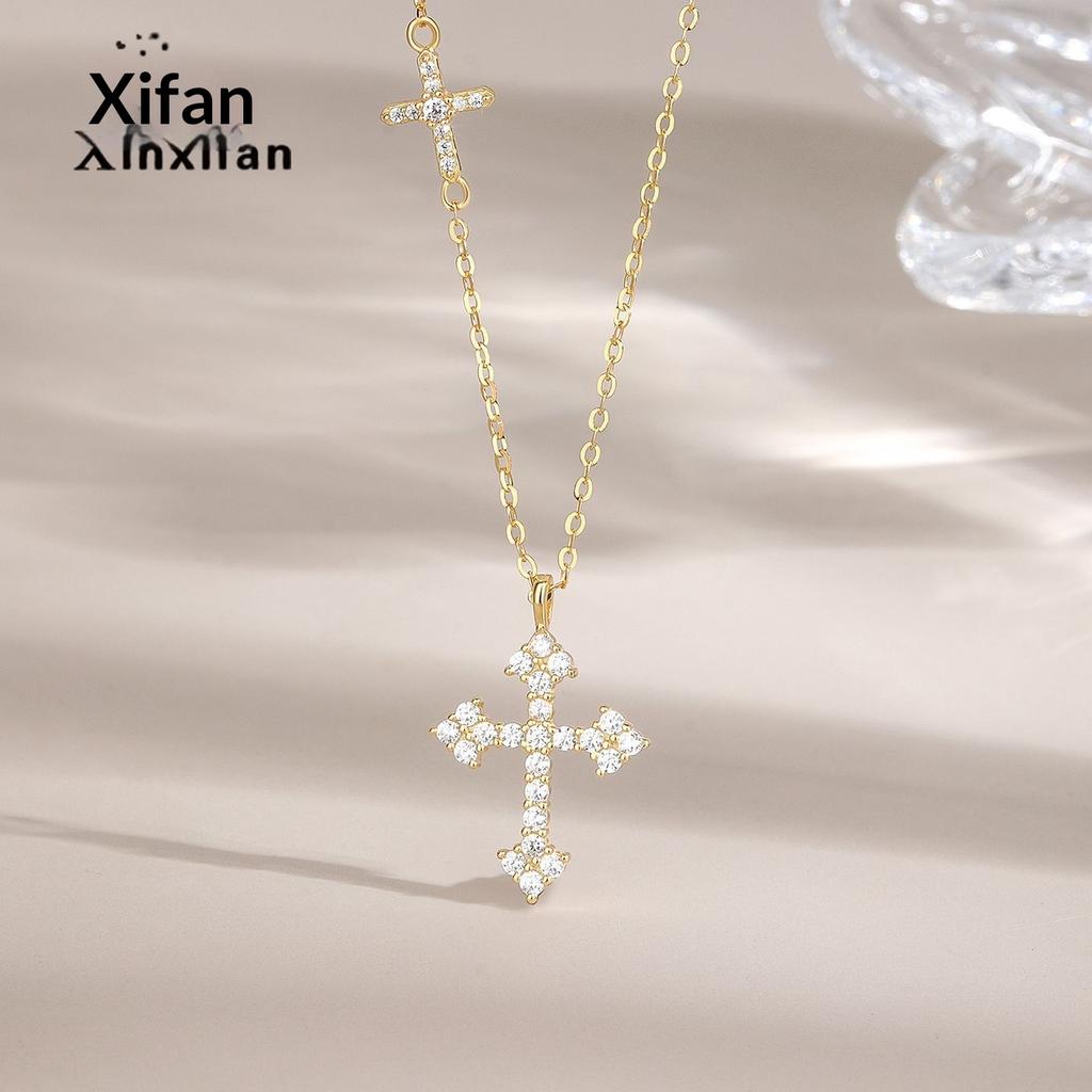 925 Sterling Silver Gold Plated Zircon Double Cross Pendant Engagement Wedding Fashion Necklace Cross Chain Women