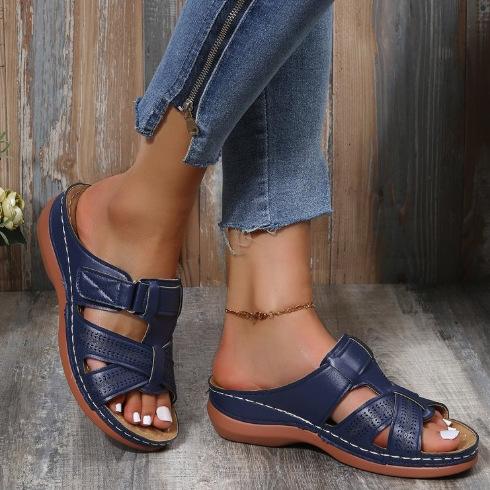

Fire large size slope heel fish mouth cool slippers women hollow Velcro thick bottom slippers women 43 темно-синього кольору