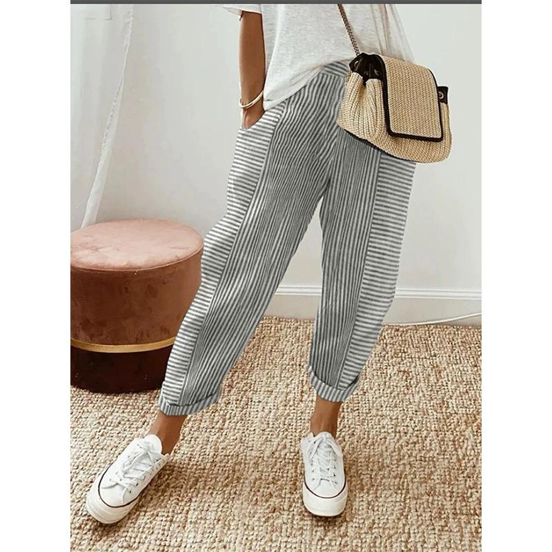 Summer New Woven Jacquard Stripe Patchwork Design Loose Casual Pants for Women