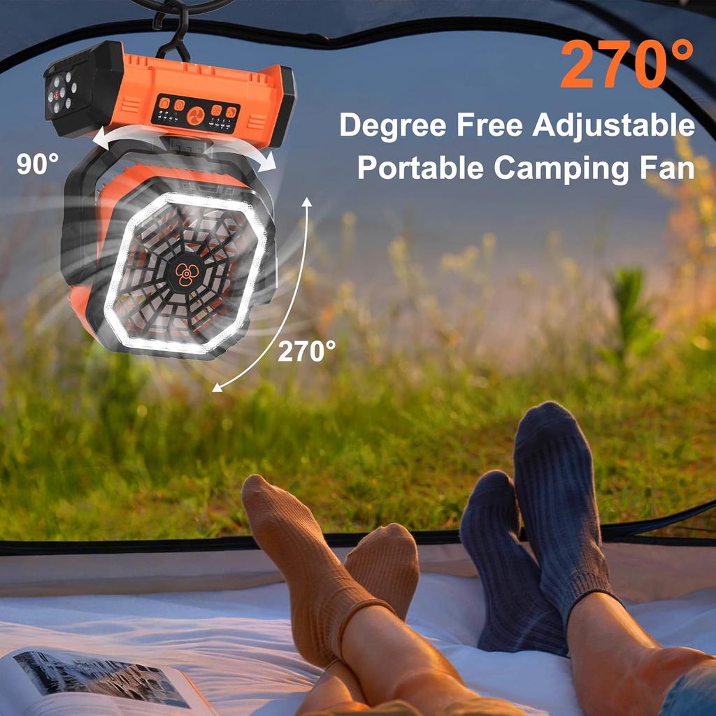 40000mAh Rechargeable Camping Fan with LED Light Remote Control 4 Speeds Timer Hanging Hook Portable Outdoor Tent Fan