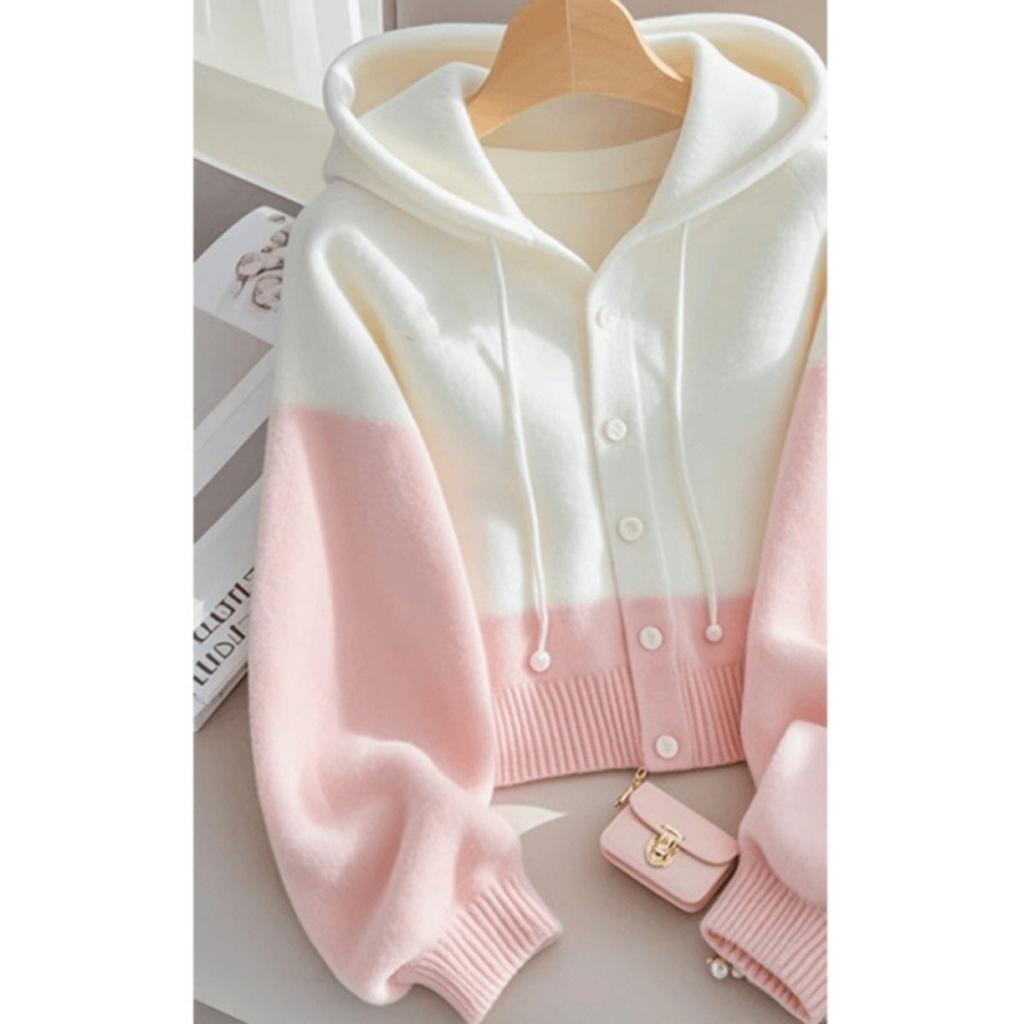 Korean Pink Patchwork Hooded Knitted Sweater, Women's New Lazy and High-end Knitted Top
