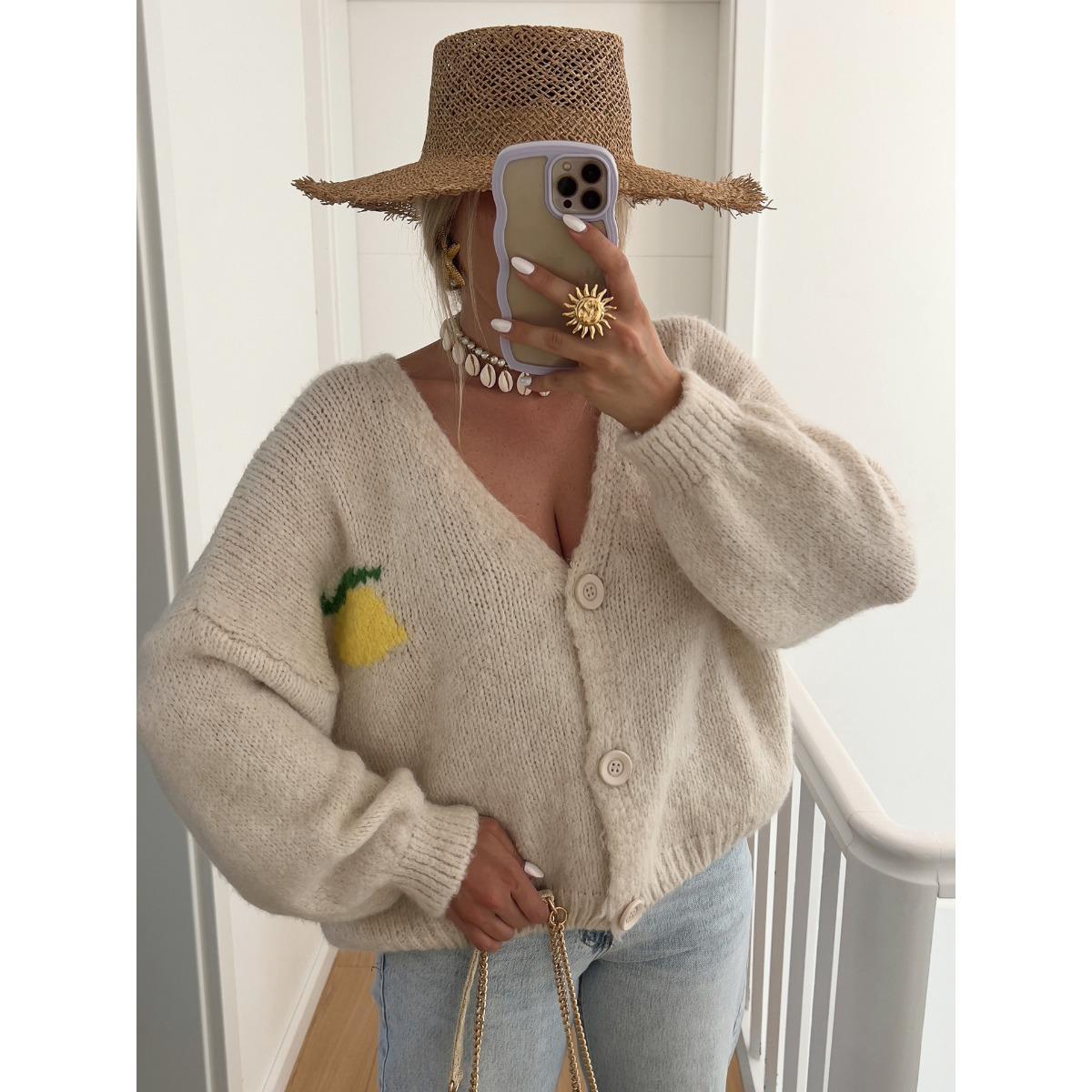 

Кардиган, Топ с V-образным вырезом, Толстовка с длинным рукавом, Персонализированный женский повседневный жаккардовый свитер L бежевый