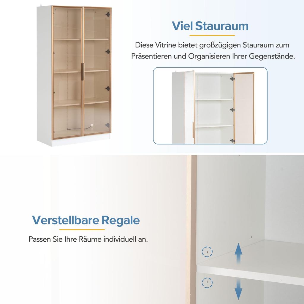 Glass Display Case LED Lighting, Two-Part White, Adjustable Shelves, 2 Drawers, Modern Bookcase Standing Display Case Office Cabinet