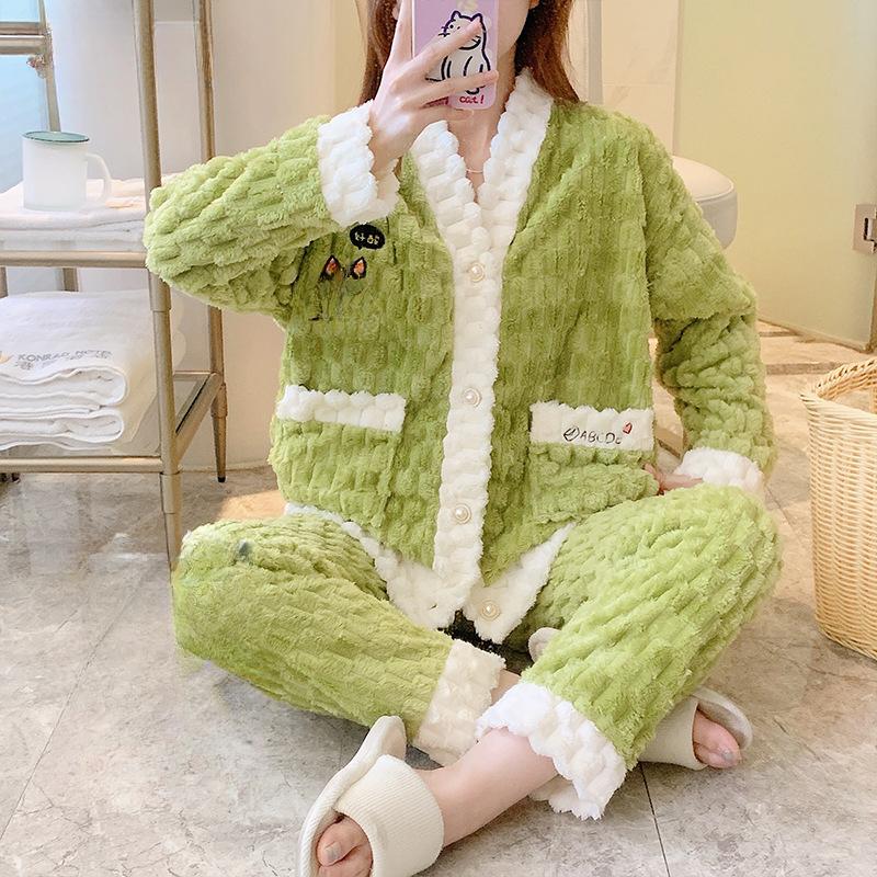 Pyjamas Women's Fall/Winter Coral Velvet Thick Velvet Warm Loose Home Wear Set