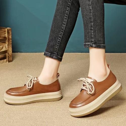 

Модные туфли на толстой подошве для женщин, весна 2024, новые туфли из мягкой кожи в стиле ретро со шнуровкой, удобные и дышащие повседневные туфли 40 коричневый