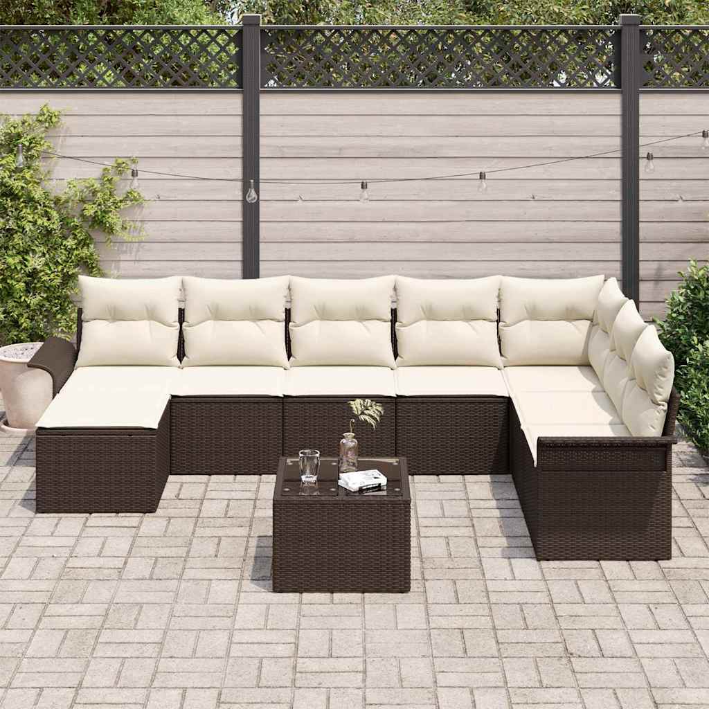 Garden Sofa Set with Cushions 9 pcs Brown Poly Rattan