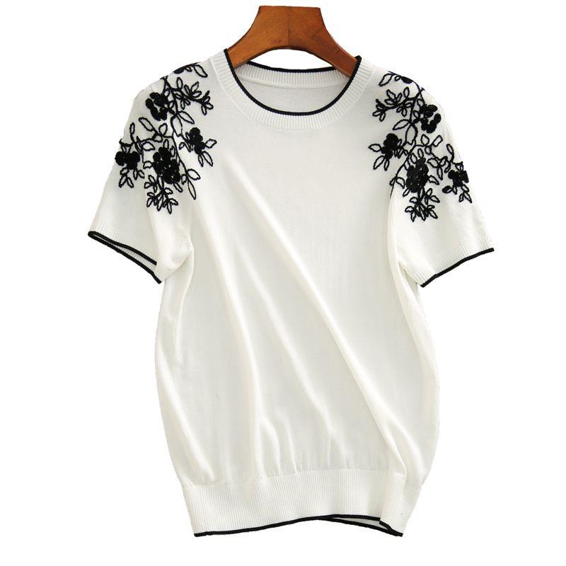 Luxury Women's Ice Silk Knitted Tops with Embroidery Detailing