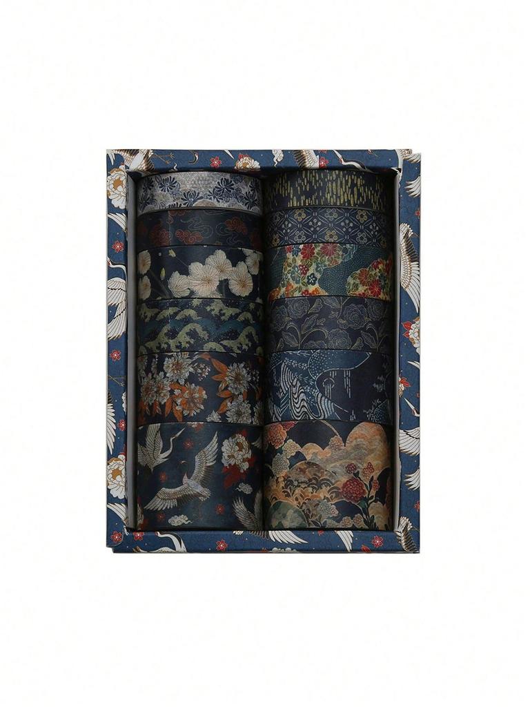 12 rolls/box Retro Landscape Washi Tape Creative Floral Mountain Crane Design Sticker Rolls Scrapbook Gift Wrapping